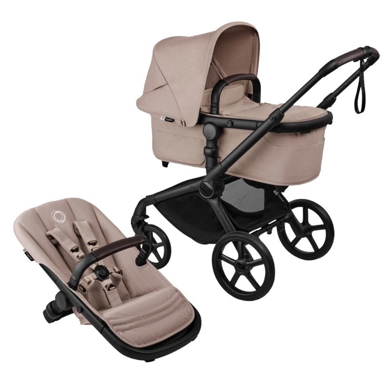 en bugaboo fox 5 beige barnvagn med ligg och sittdel